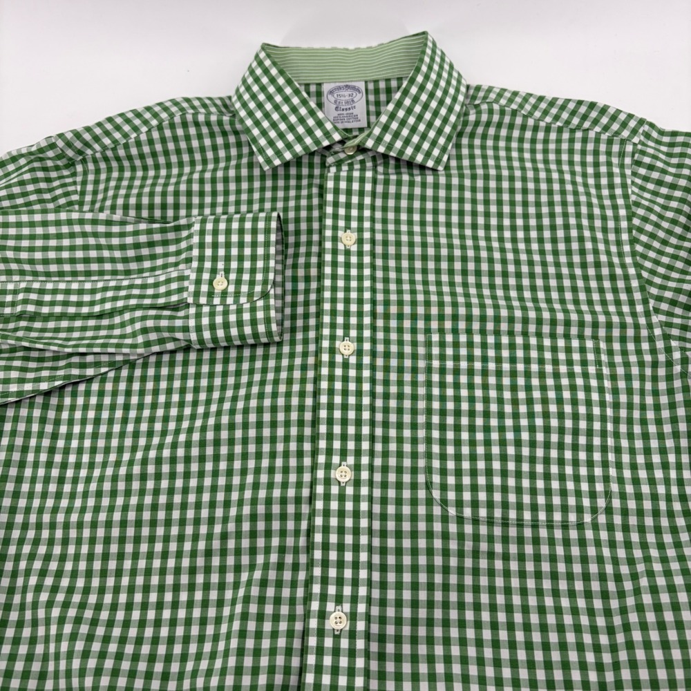 Brooks Brothers Mens Classic Fit Green White Gingham Check Long Sleeve Shirt M